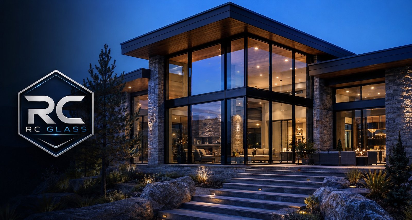 Modern home featuring RC Glass floor-to-ceiling glazing at dusk