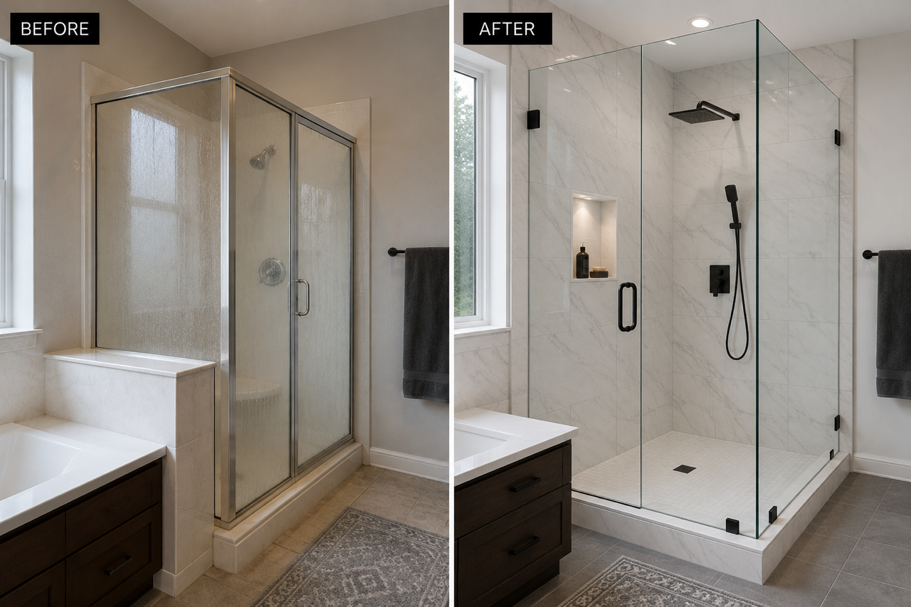 Dated framed shower door before, custom frameless glass shower after